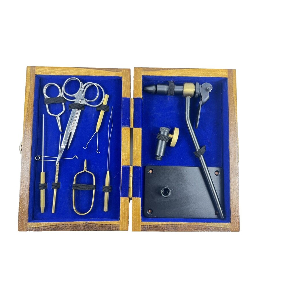 Anglerhaus Tools Standard Fly Tying Fishing Tool Kit Wood Box Vise 7pc Brown